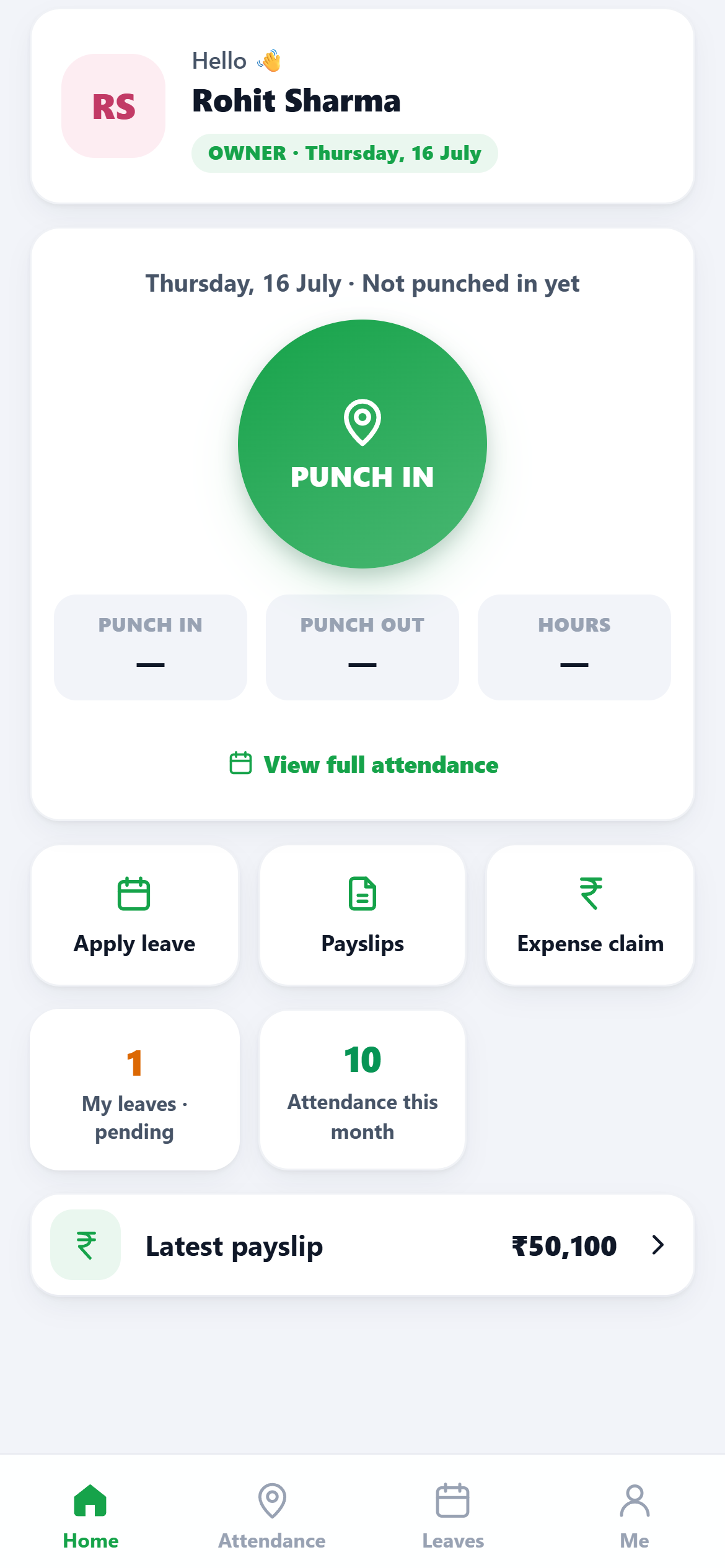 DSA MITRA HR app — attendance home screen